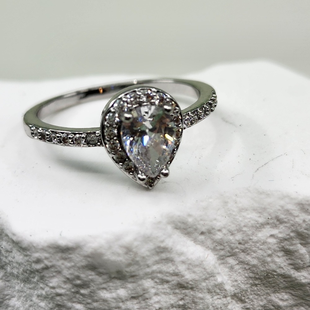 Pear Cut Clear Crystal Halo Ring Silver Tone Pave Band Bridal Cocktail Size 6.25